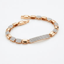 Load image into Gallery viewer, A rose gold bracelet with pavé-set clear stones, featuring a central bar and rectangular links, displayed on a clean white background.