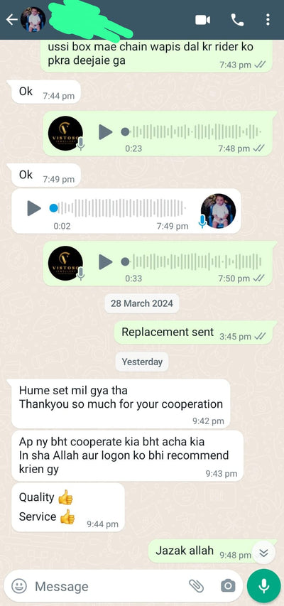 WhatsApp review from customer